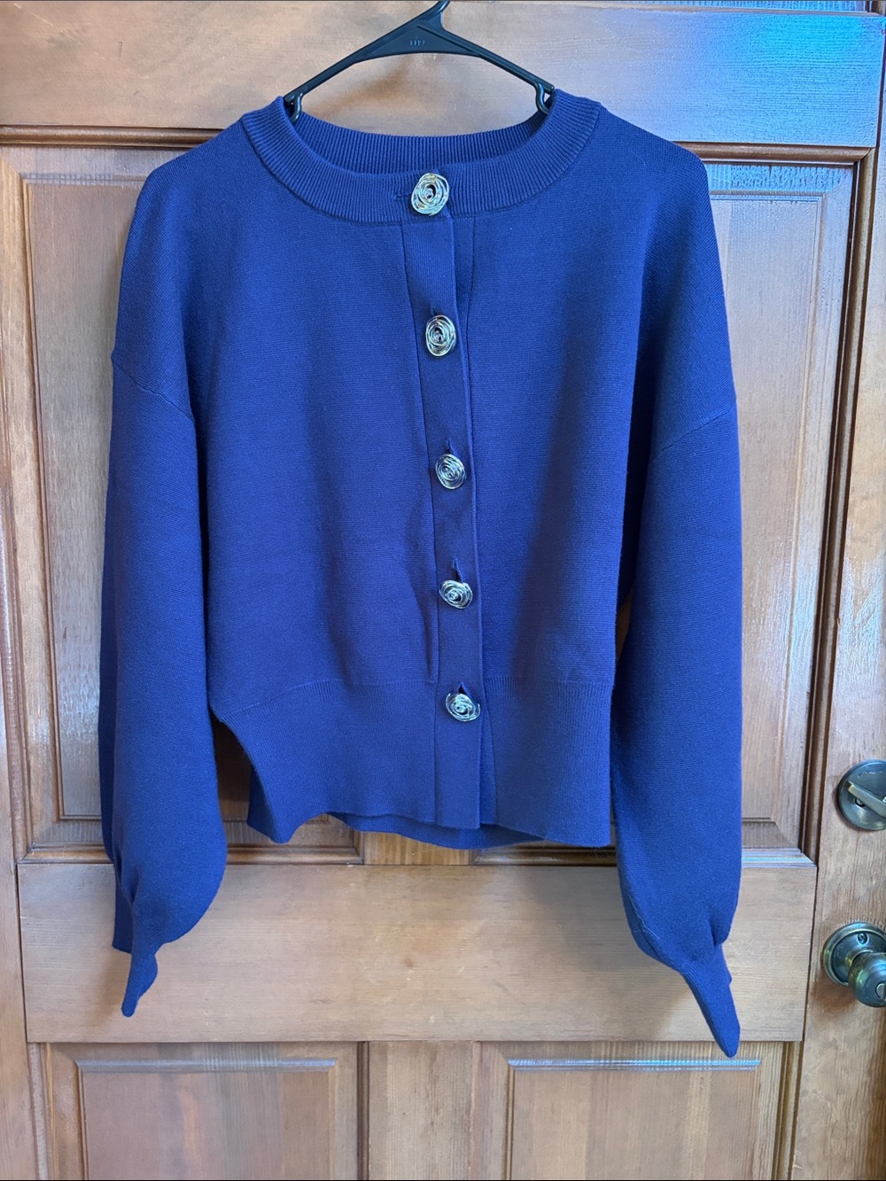 Zara Women’s Blue Knit Cardigan freating Spiral-pattern Metal Buttons Size Large